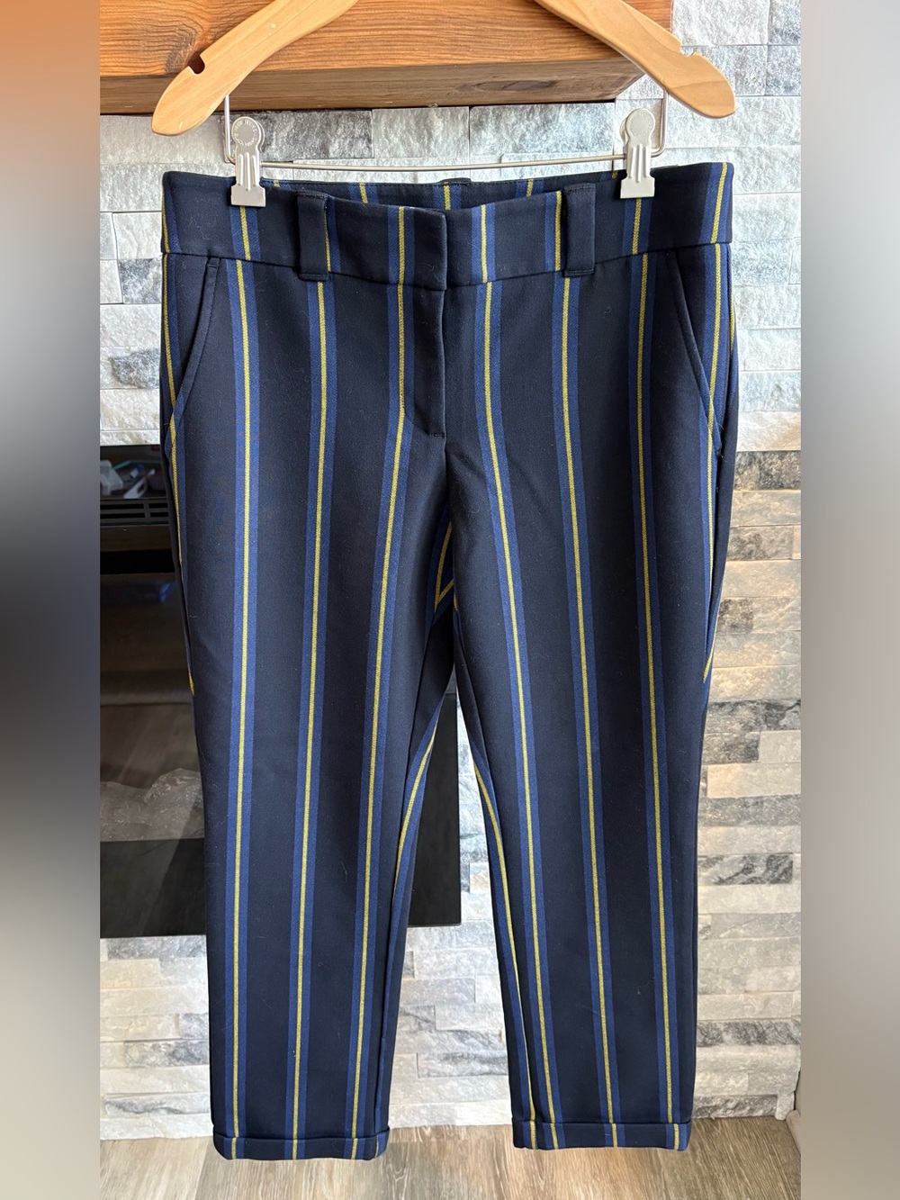 LOFT Navy Striped Dress Pants with Yellow and Light Blue Stripes size 4 Petite